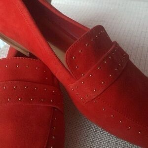 Bleecker and Bond Bright Red with gold studs, flat Loafers, suede, size 9.